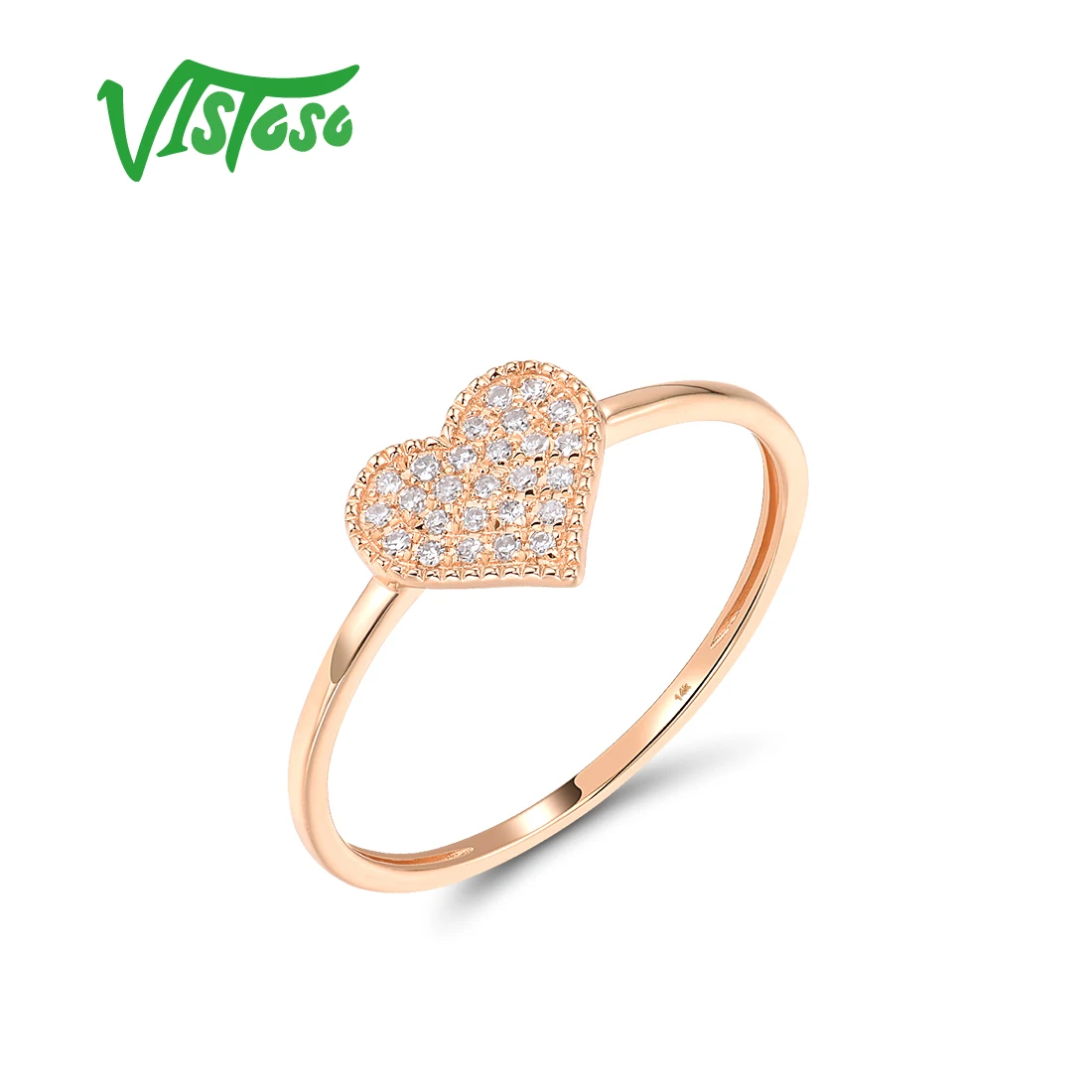 

VISTOSO Authentic 14K 585 Rose Gold Ring For Women Sparkling Diamonds Love Heart Wedding Anniversary Classical Fine Jewelry