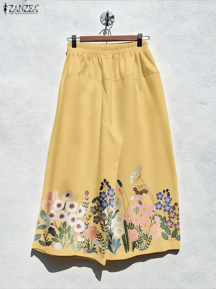 ZANZEA Womens Floral Printing Wide Leg Pants Elastic Waist Everyday Casual Loose Long Trousers Fall 2025 New Woman Clothes S-3XL