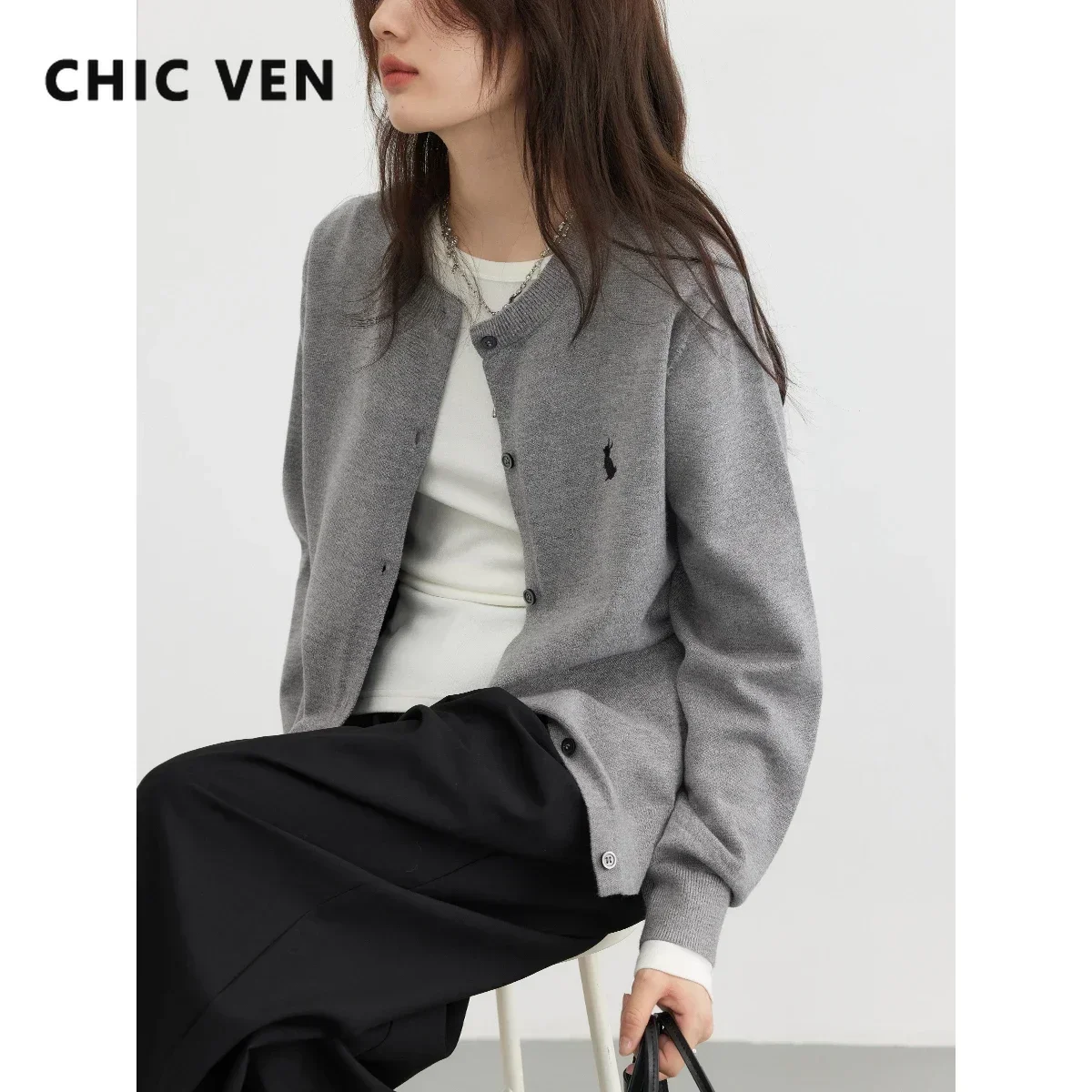 CHIC VEN Women T-Shirts New Multi Color Option Simple Solid Rabbit Embroidery Knitted Cardigan Sweater Autumn Spring 2023