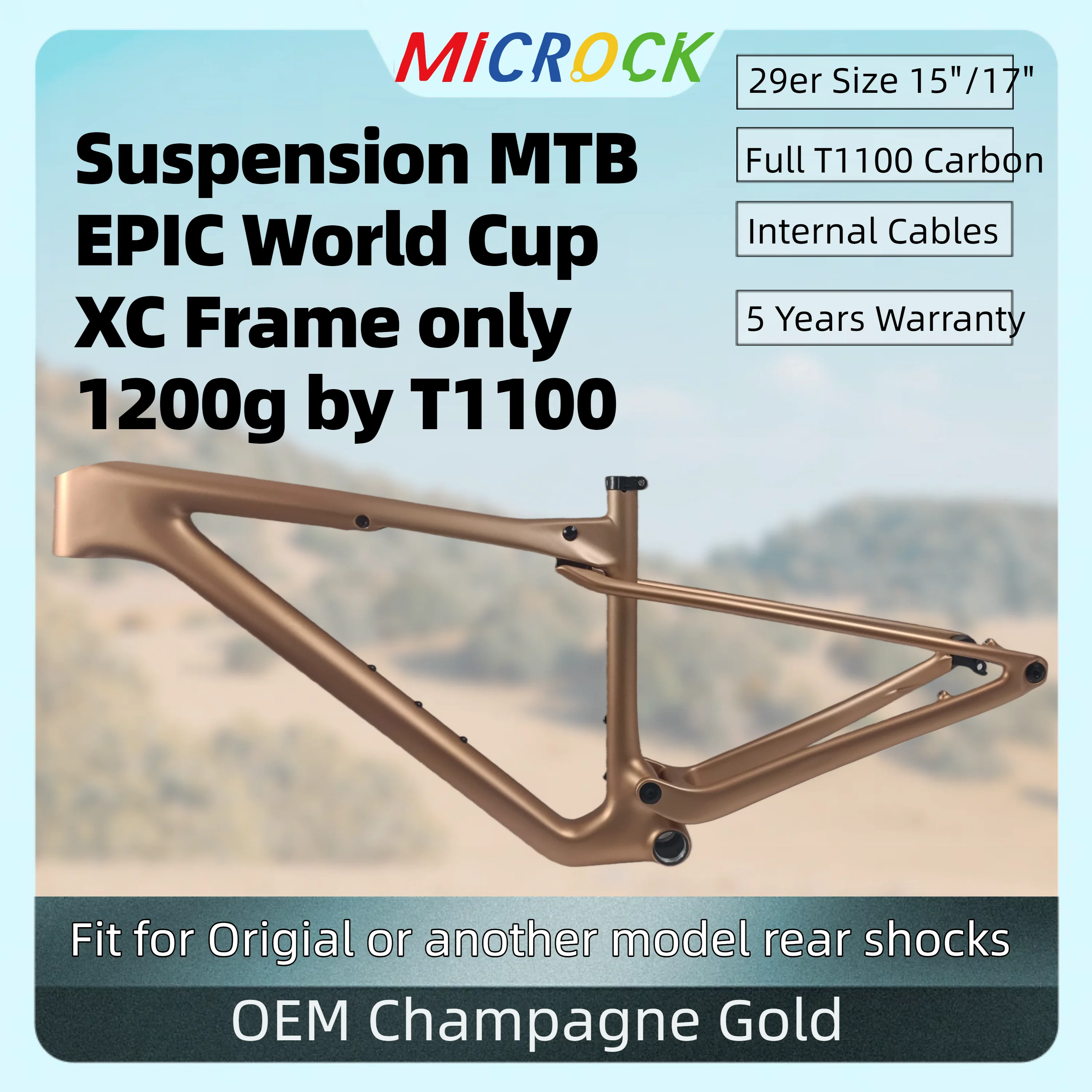 

Golden Color Full T1100 Carbon Fiber Suspension MTB Bike Frame EPIC WC XC 148x12mm with UDH Hanger Internal Cable Lines