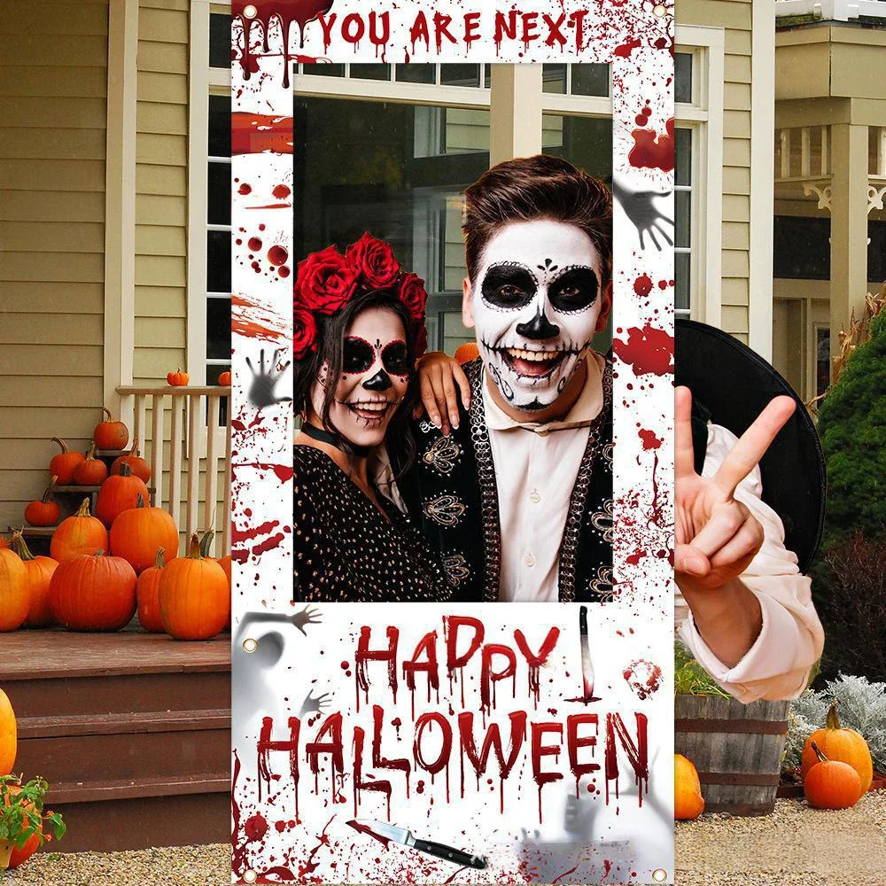 Runtow Feliz Halloween foto telón de fondo, marco de cabina de fotos con huella de mano sangrienta de terror, decoraciones para fiesta de Halloween
