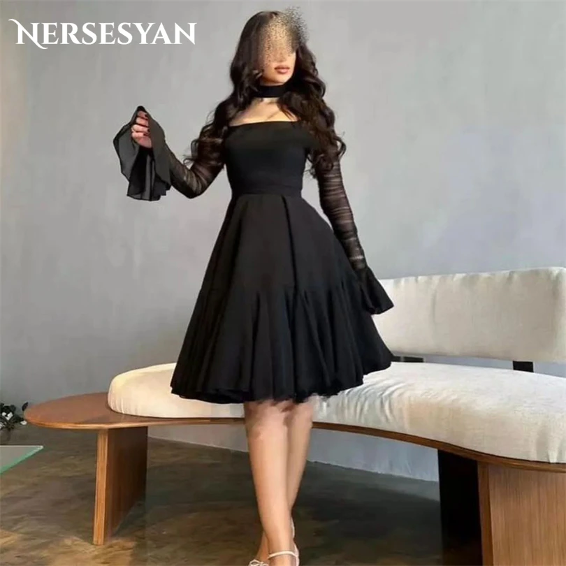 Nersesyan Black Tulle Formal Evening Dresses Off The Shoulder A Line Party Dress Saudi Arabia Long Sleeves Formal Prom Gowns