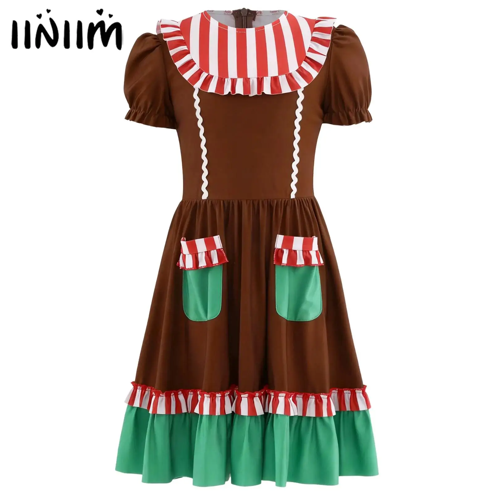 الفتيات عيد الميلاد عيد الميلاد فستان قصب الحلوى الزنجبيل رجل كوكي رجل تأثيري حلي منتفخ الظهر غير مرئية سستة تكدرت فستان