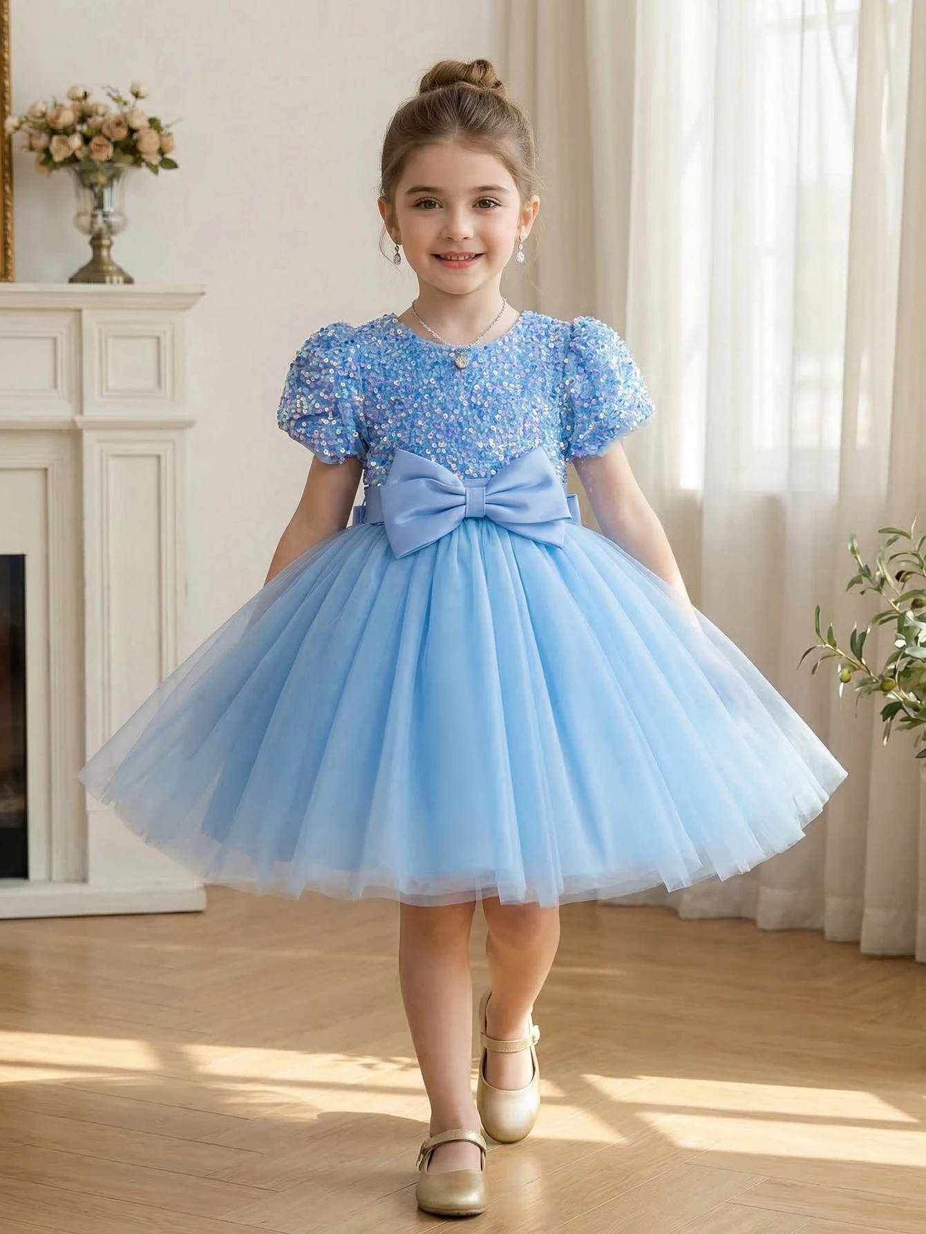 Young Girl Blue Velvet Sequins Silk Skirt with 3D Butterfly Knot Decorations A Flowing Silk Dress for Flower Girl,Banquets,Party