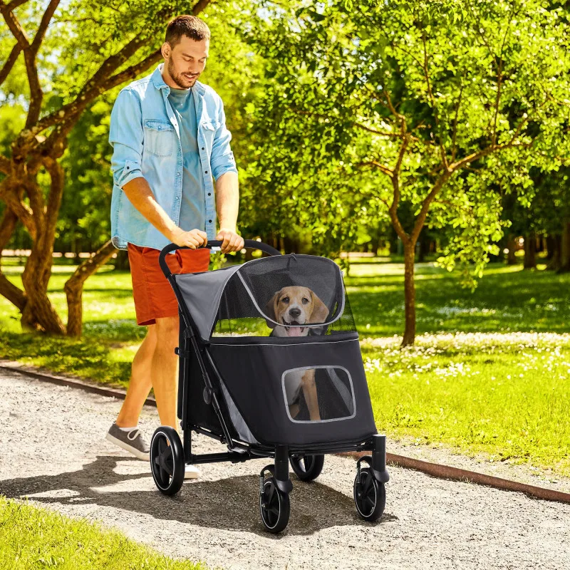 

One-Click Foldable Doggy Stroller for Medium Large Dogs, Pet Stroller with Storage, Big Dog Walking Stroller, Gray