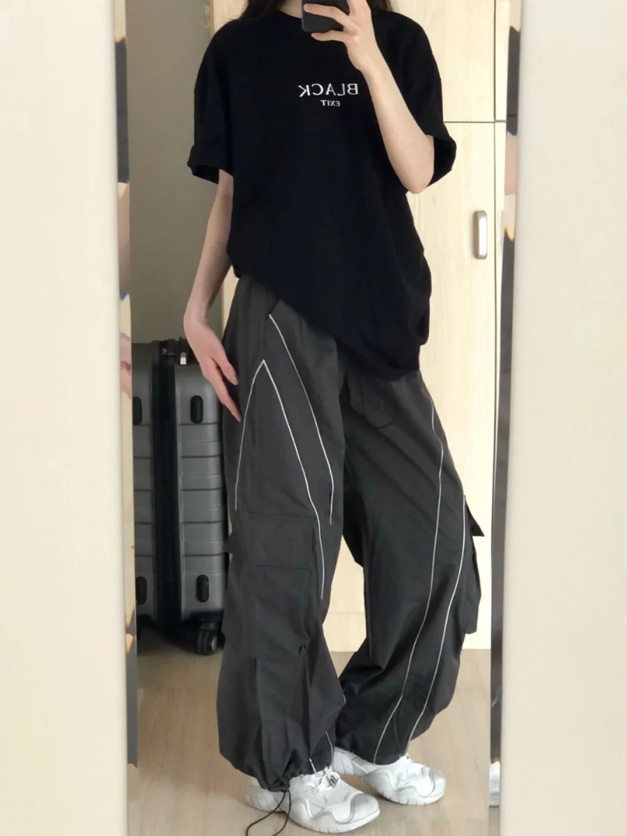 กางเกงทำงานเอวสูงสไตล์อเมริกันเรโทร สำหรับผู้ชายและผู้หญิง ดีไซน์สตรีทแฟชั่น ฮิปฮอป ทรงหลวม ขาบาน ปลายขาพับ ลำลอง