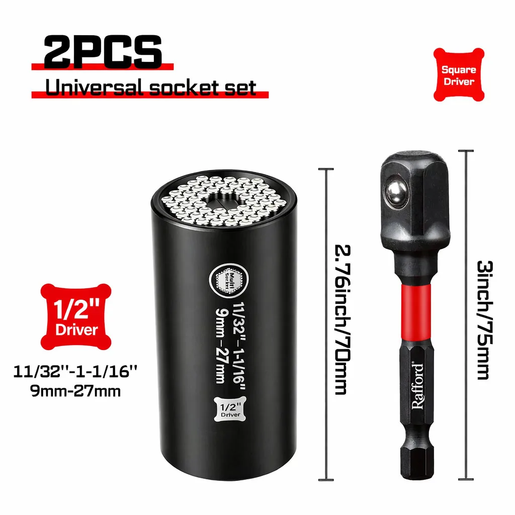 Rafford 2-delige universele steeksleutelset, impact 3/8" universele & 3 inch adapter, draagbare reparatiegereedschapsset voor auto-onderhoud
