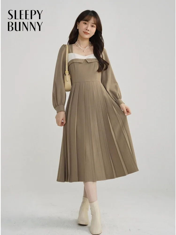 

French Vintage Layered Square Neck Dress Women Lady Elegant A Line Long Sleeve Midi Dress Color Block Casual Spring Daily Outfit