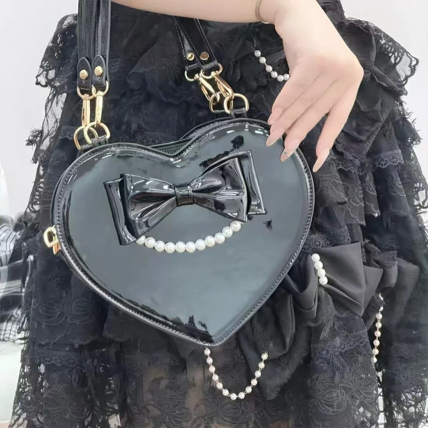 Japanese Sweet Cute Heart-shaped Lolita Bow Handbag for Women's Daily Lo Bag Love Single Shoulder Oblique Span Bags for Female