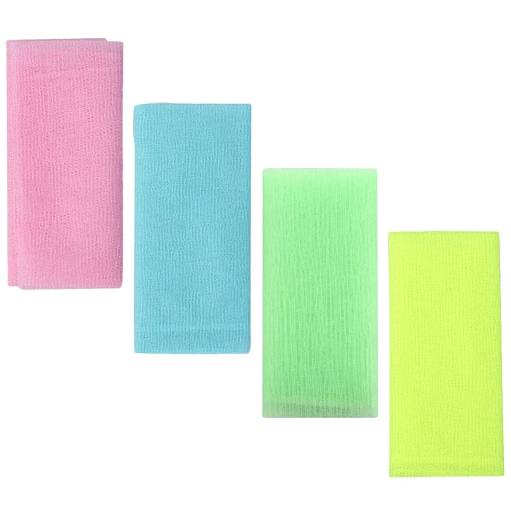

4pcs Exfoliating Bath Towels Long Strips Body Loofah Cleansing Cloth Shower Nylon Spa Mixed Color Durable Storage Friendly