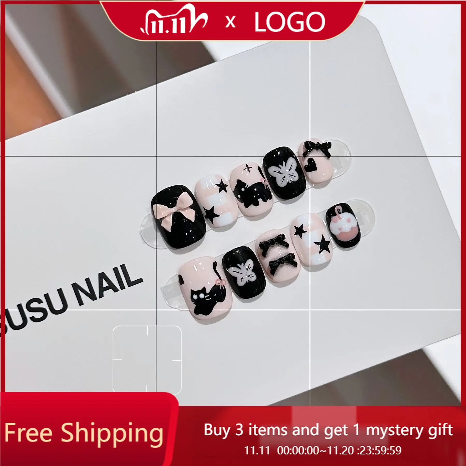 

10pcs Handmade Press on Nails Hand-Painted Cat Bow Star Full Coverage Nail Tips for Women&Girls Short Detachable Wearable Nail