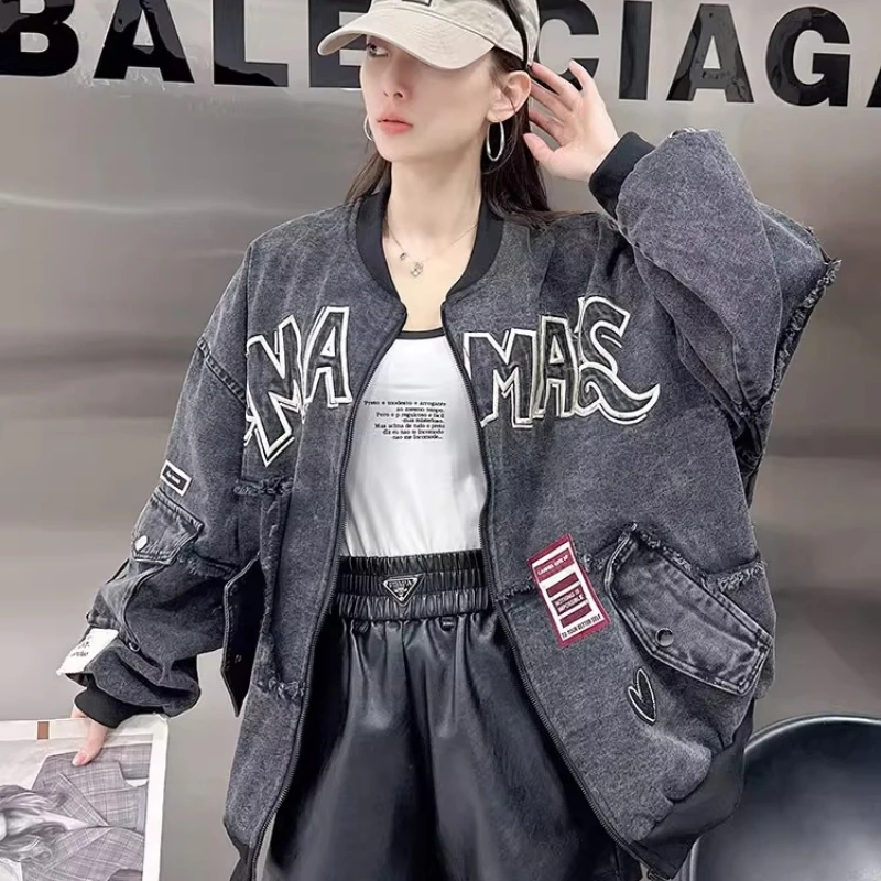 블랙 레트로 데님 재킷 유니섹스 봄 가을 루즈 슬라우치 아메리칸 스트리트 스타일 빈티지 야구 패션 트렌디 코트