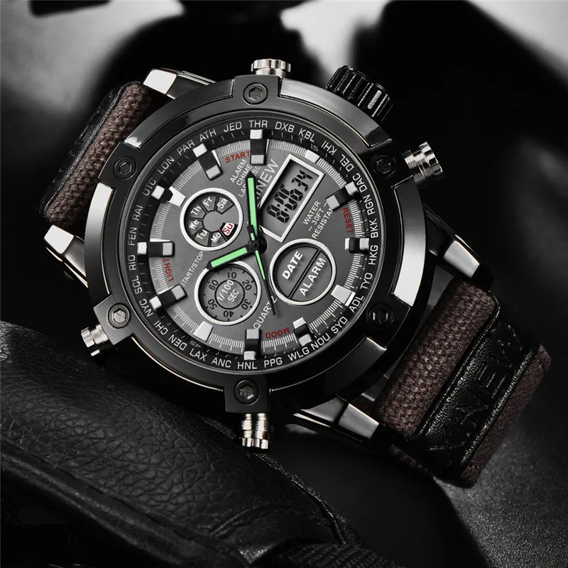 Men Original XINEW Big Brand Chronograph Watches Fashion Nylon Band Alarm Multifunctional Army Sports Dual Time Digital Watch