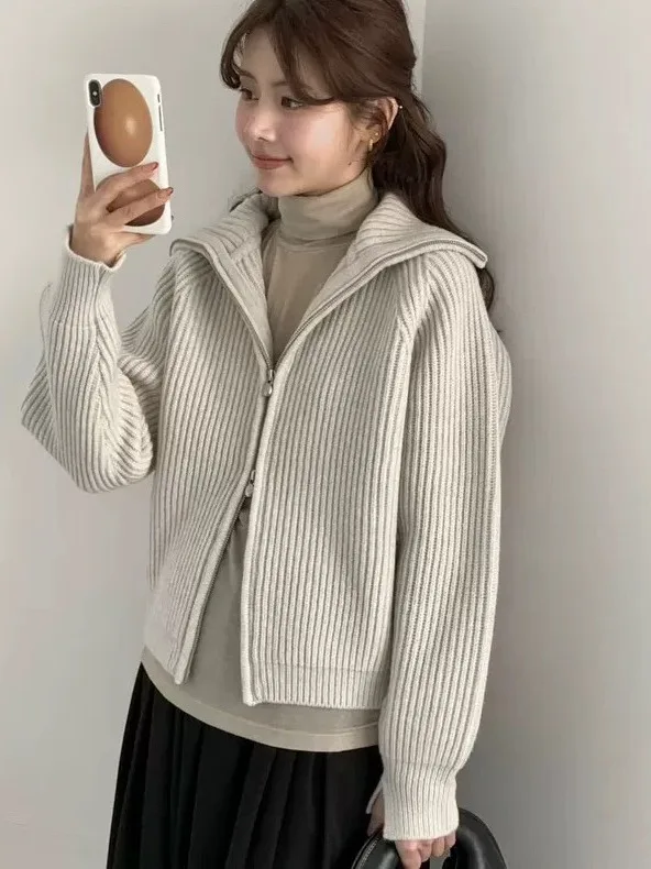 

Свободный вязаный открытый кардиган, женский свитер с высоким воротником, двойная молния, широкий Ne Sle, осенняя модная верхняя одежда, топ