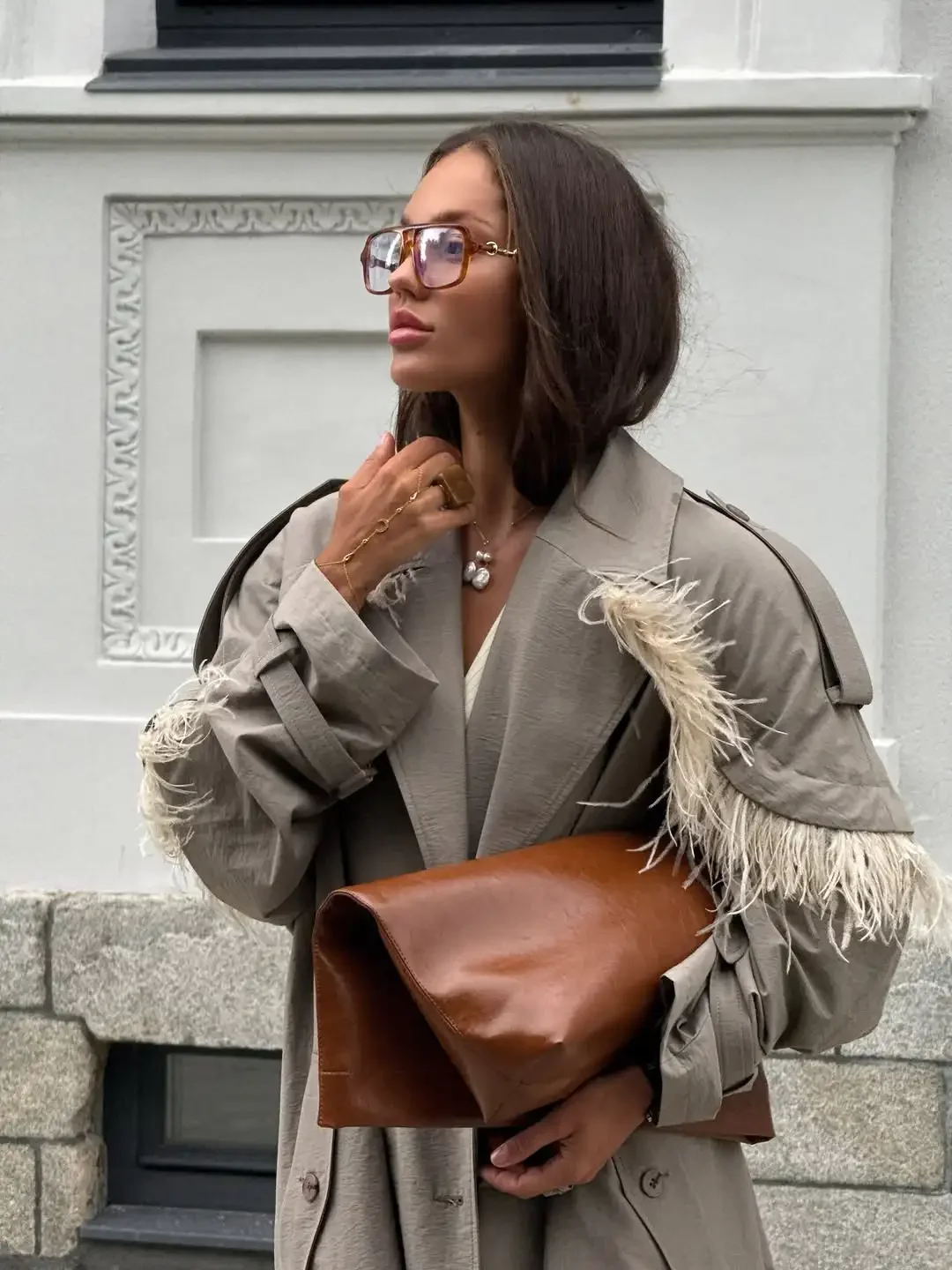 Gray Feather Fringe Maxi Trench Coat Notched Lapel Self Tie Belt Long Sleeve lady Loose Windbreaker Oversized Chic Outer Coats