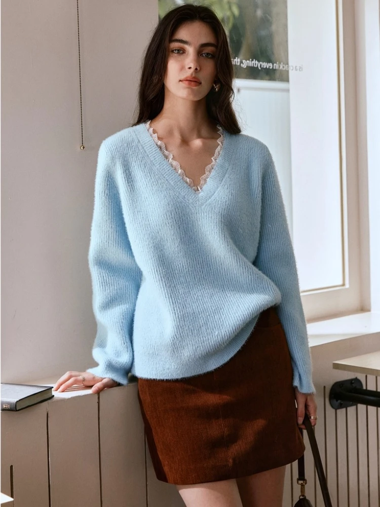 

OLrain Women's French Elegant Pullover Sweater Autumn 2025 New V-Neck Lace Trim Loose Fit Soft Comfortable Knit Top O57QM001016