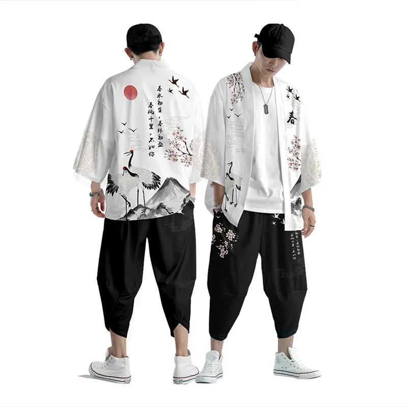 

Large Size 5XL Japanese Kimono Cardigan Pants Set Print Flower Crane Men Women Shirt Tradition Yukata Haori Obi Cosplay Costume