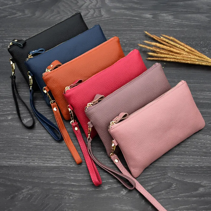 Simple Style High Capacity Womens Genuine Leather Phone Holder Long Purse Zipper Clutches HandBag with Wrist Strap