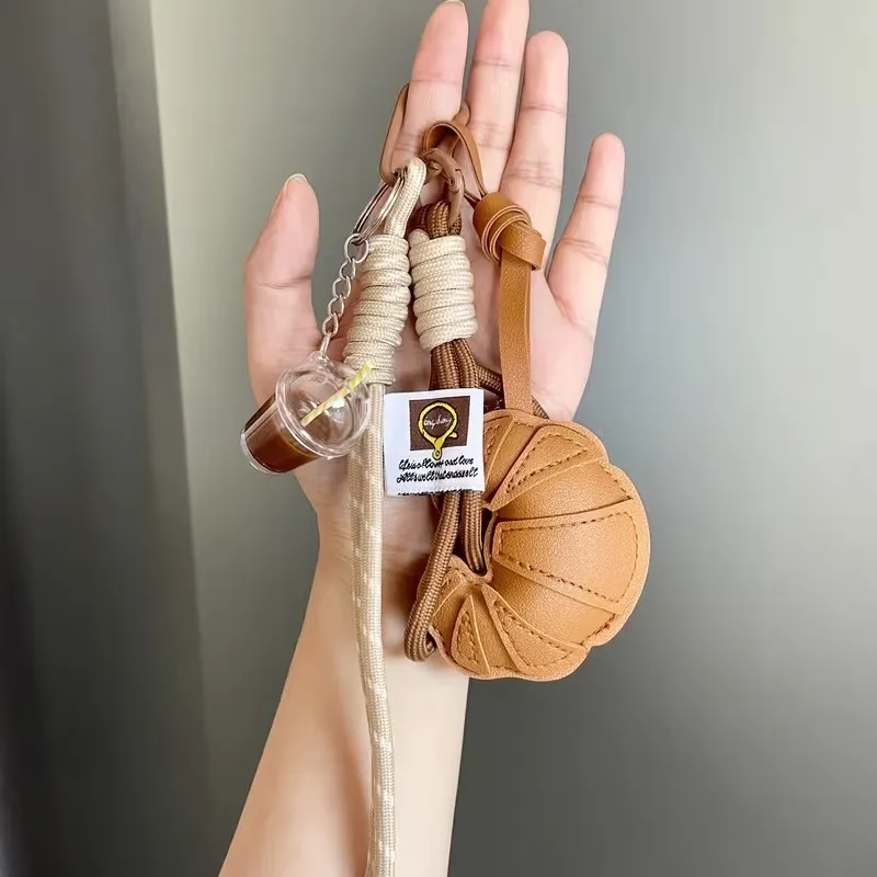 New Braided Rope Croissant Keychain Bread Shape Heart Bag Pendant Leather Mobile Phone Lanyard Gifts