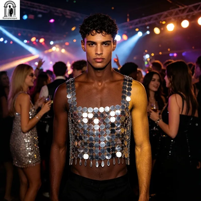 Fashion Men's Sparkly Disc Chain Sling Vest Adjustable Body Jewelry Top For Party Bar Stage Performance Sexy Body Harness Vest