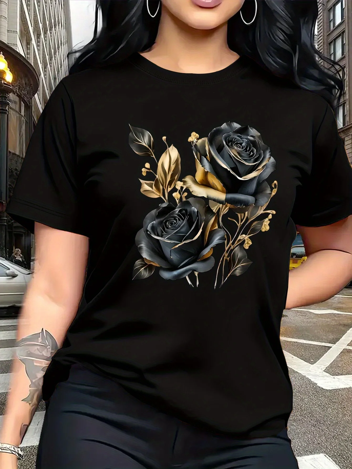 Featuring a Luxurious Vintage Design with aBlack And Golden Rose Pattern Matching Outfits for Sisters and Versatile Wear T-Shirt