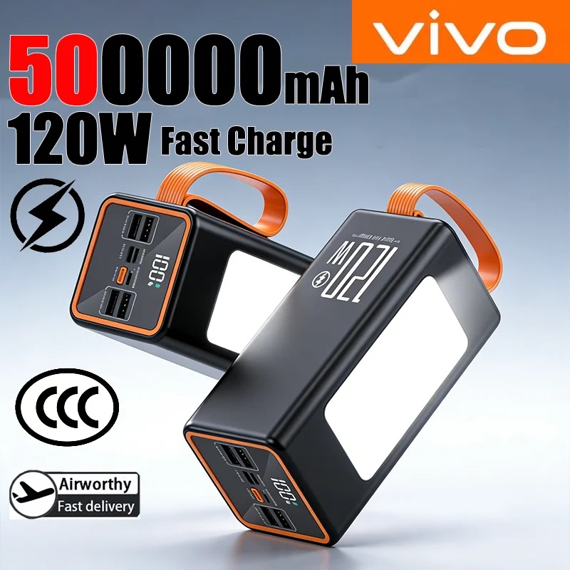 Vivo 500000mAh 120W Fast Charging Large Capacity Power Bank External Spare Battery with LED Light For iPhone Xiaomi Samsung 2026