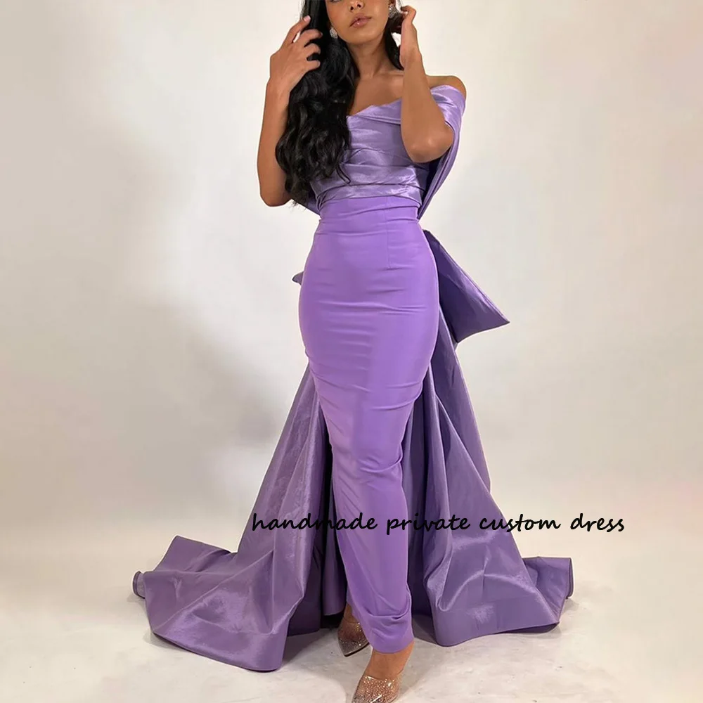 

Purple Mermaid Evening Dresses Off Shoulder Satin Saudi Arabic Prom Party Dresses Bow Train Long Dubai Celebrate Event Gowns