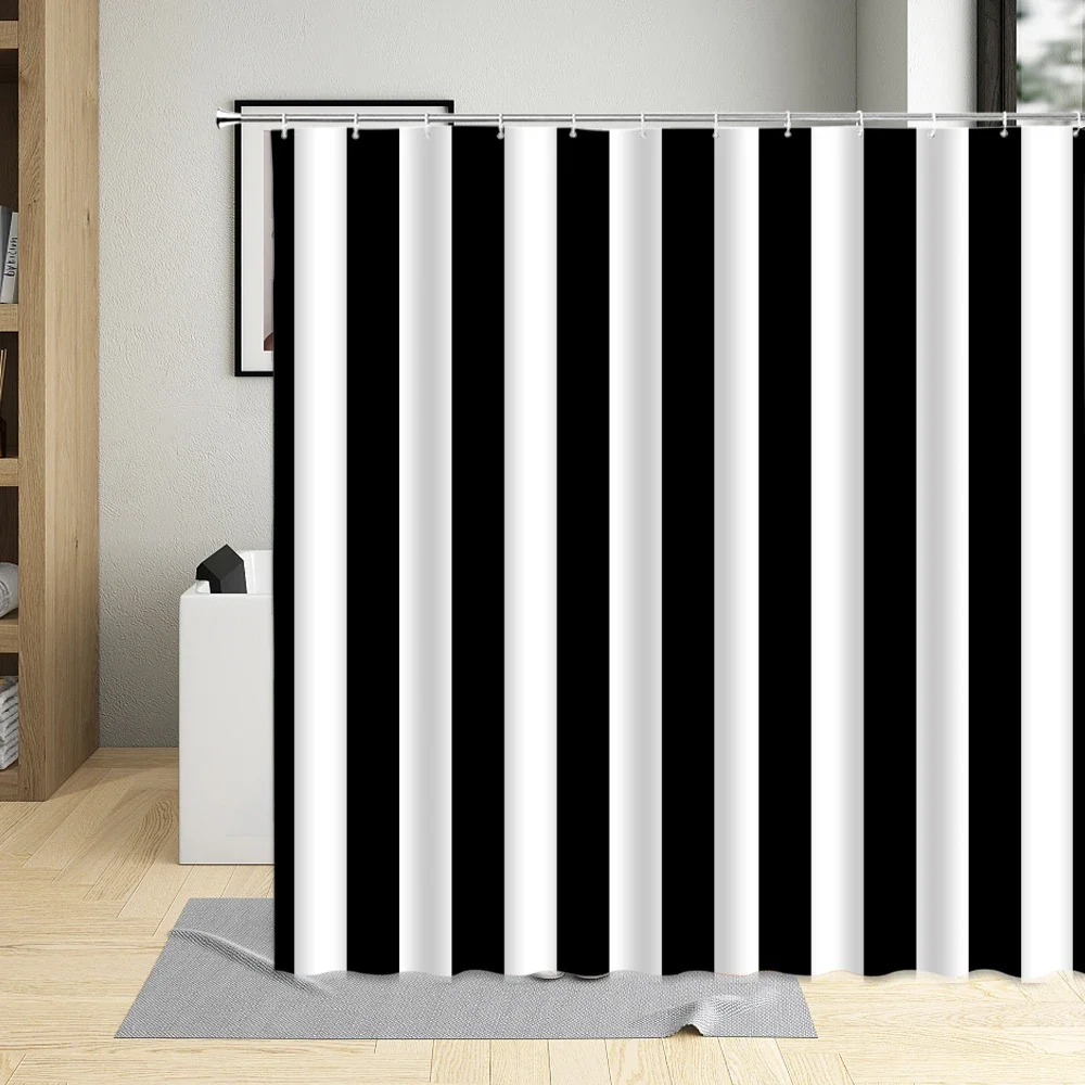 Minimalist Black White Stripes Texture Bathroom Curtains Waterproof Polyester Shower Curtains Wall Decoration With 12 Hooks