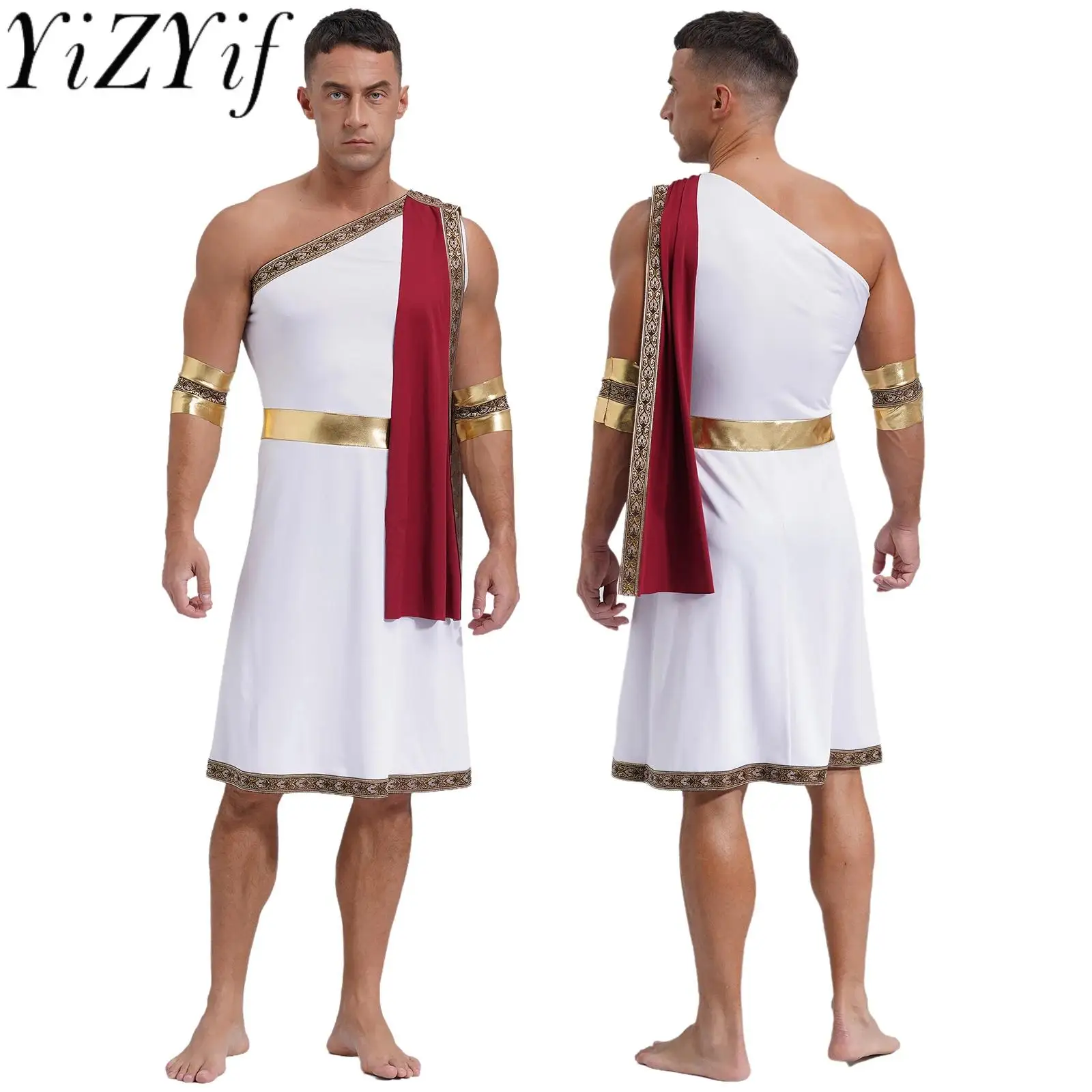 

Men Halloween Ancient Greek Roman King Prince Cosplay Costume One Shoulder Embroidered Trim Robe Toga with Cuffs for Theme Party