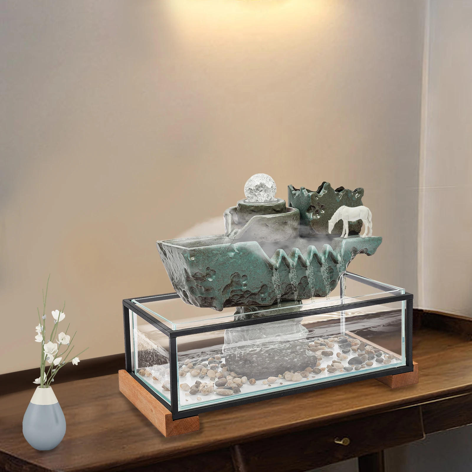 

Zen Tabletop Water Fountain with Mist & LED Lights – Indoor Relaxation Decor - Fish Tank for Good Luck & Wealth for Home, Office