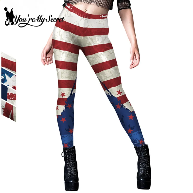 

[You're My Secret] Women American Flag Stripe Star Print Leggings High Waist Push Up Workout Tights Sexy Pants Elastic Female