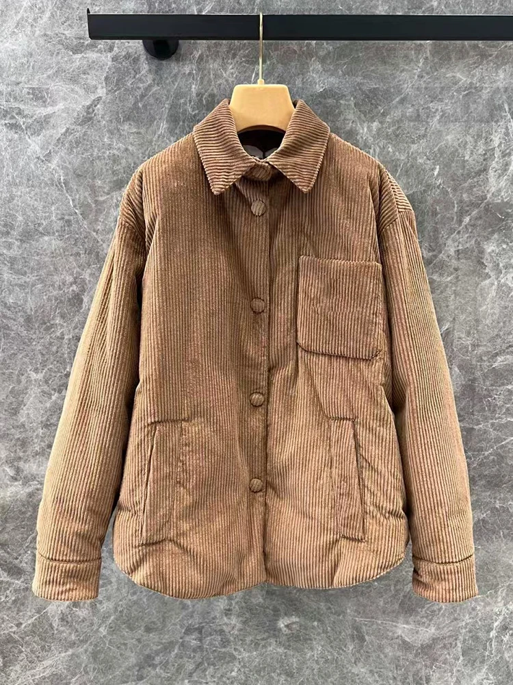 Vintage corduroy lapel single breasted shirt type down jacket 2024 Winter Ladies new fashion 90 white duck down jacket