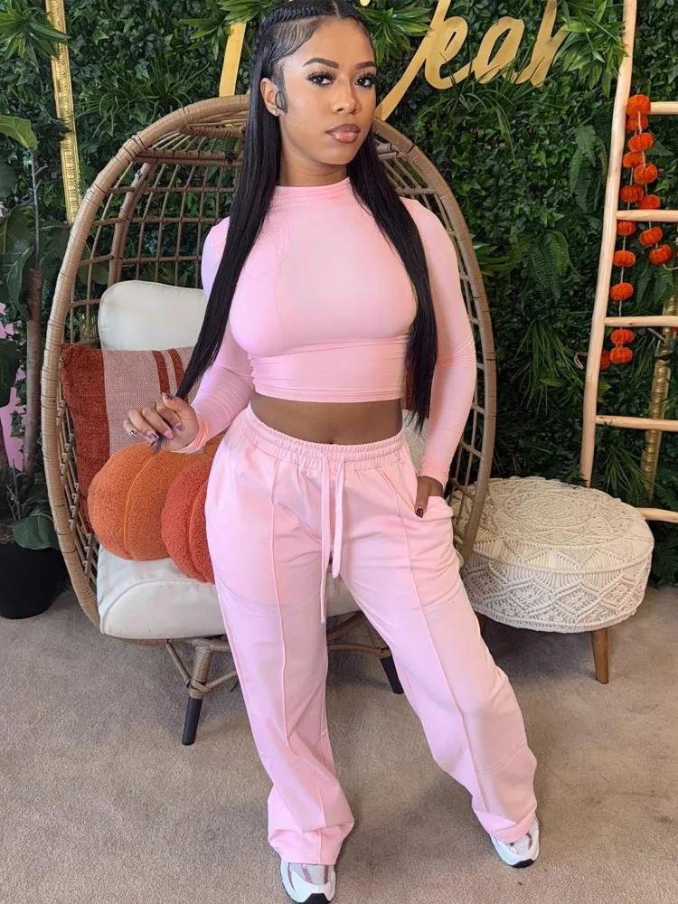 Set da donna da 2 pezzi 2026 Nuovo arrivo Primavera Autunno Set coordinati Manica lunga Tinta unita Top e pantaloni Abiti Abiti Abbigliamento