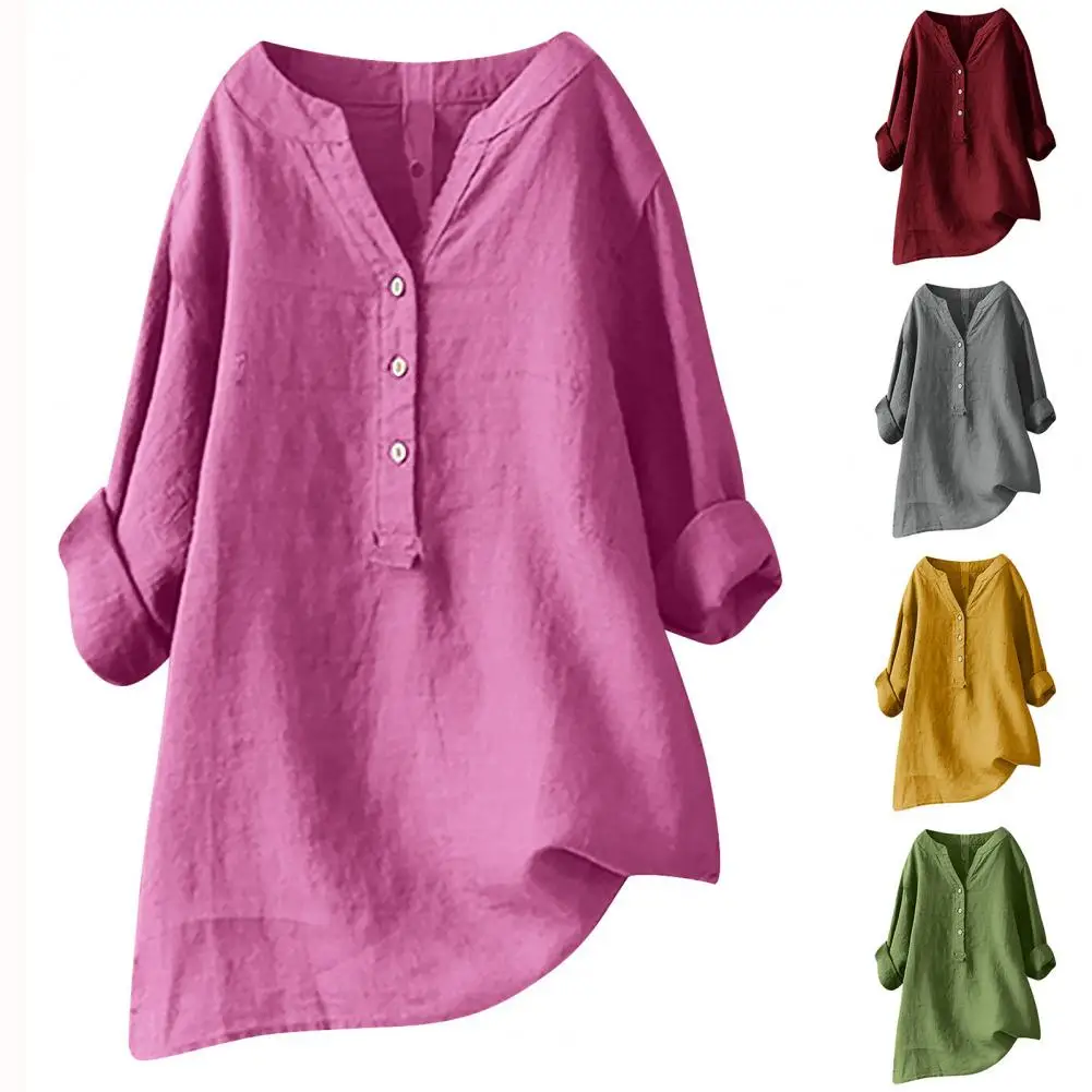 

Women Loose Fit Shirt Trendy Women's V-neck Buttoned Blouse Stylish Loose Fit Tunic Tops for Office Ladies with Long Sleeves