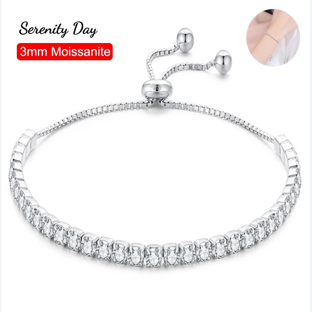 Serenity 3mm D Color Real Moissanite Tennis Bracelet For Women S925 Sterling Silver Bracelet Adjustable Pull Buckle Fine Jewelry