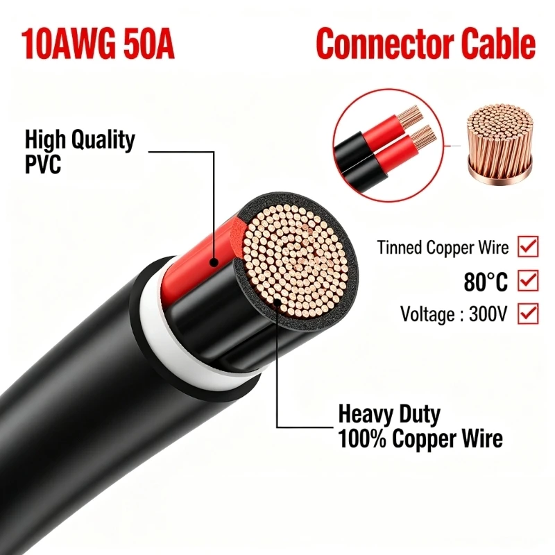 Solar Charging Power Cable with Contrasting Polarity Identification, SB50 End and Two Solar Connector Coupling Ends HX5E