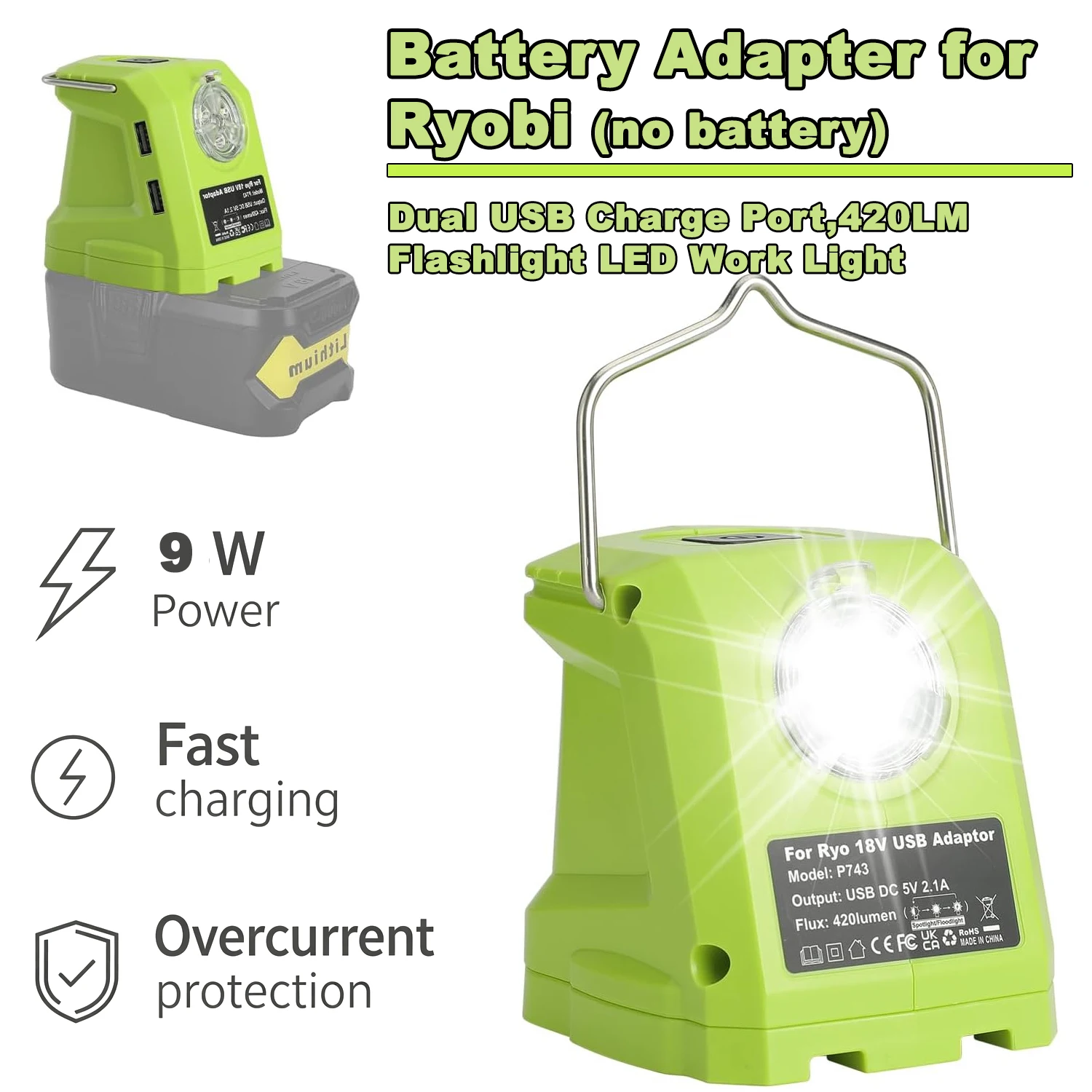 Battery Adapter for Ryobi 18 V Li-ion Battery,Portable Power Source Converter with Dual USB Charge Port with LED Work Light