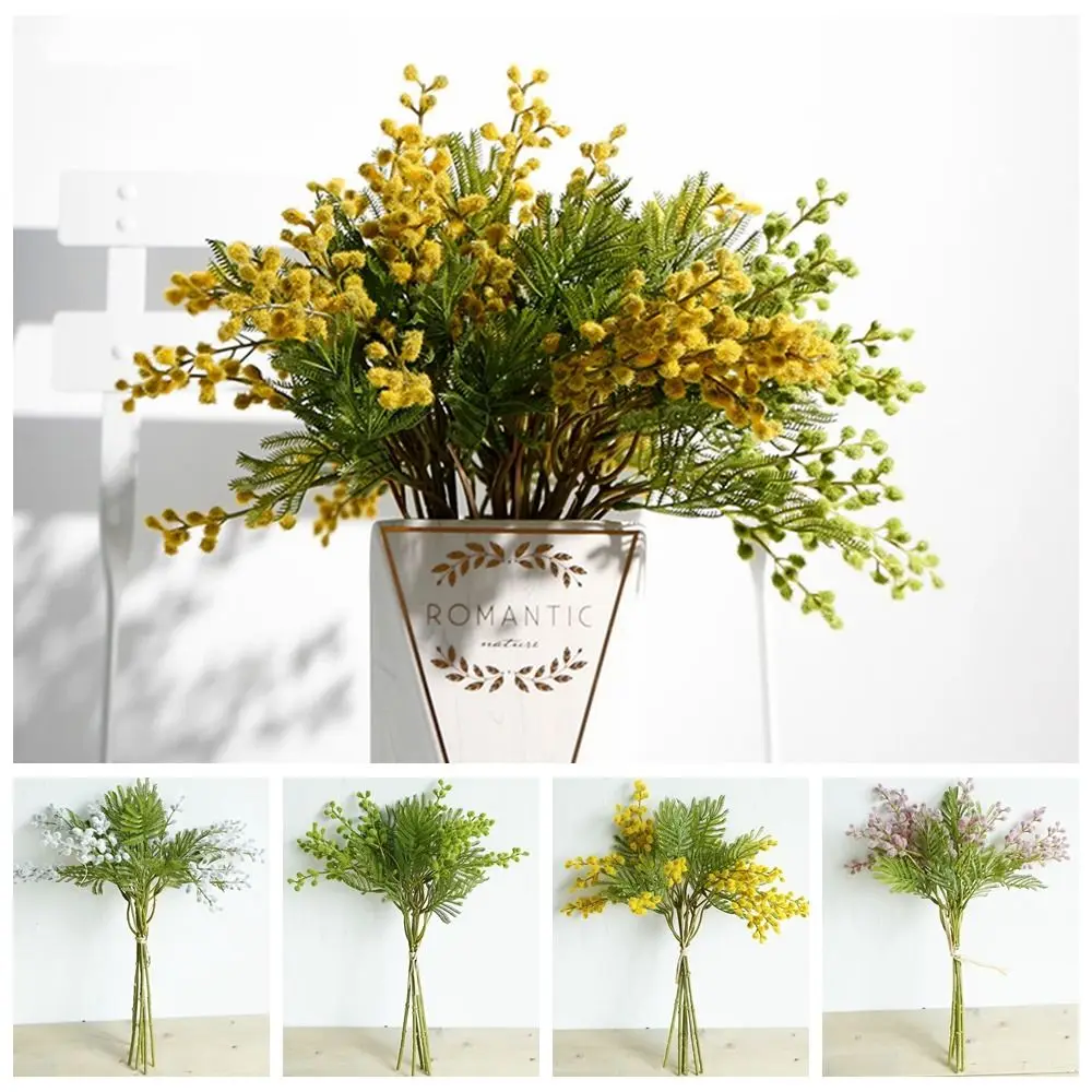 6 Pcs Creative Realistic Artificial Mimosa Handmade Silk Artificial Acacia Bean Flower Plush Fake Flower Desktop Decoration