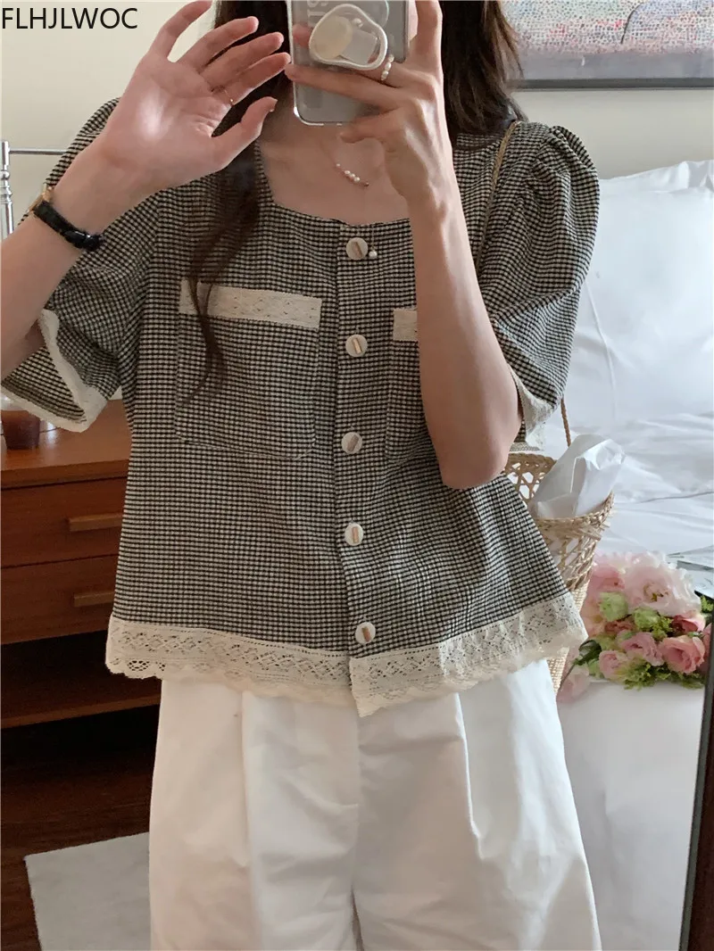 Plaid Shirts Single-Breasted Button Chic Korea Japan Style Girls Office Lady Pockets French Design Retro Vintage Tops Blusas