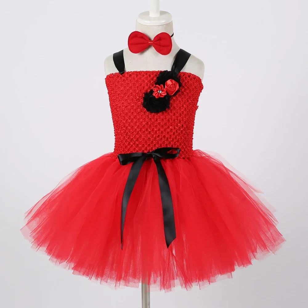 Demon Devil Costume for Girls Halloween Red Tulle Tutu Dress Toddler Kids Carnival Party Fancy Dress Up Clothes with Horns Set