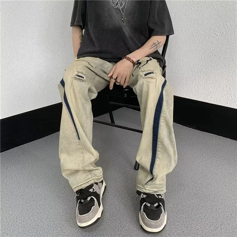 

Foufurieux American Yellow Mud Color Distressed Jeans Men's Summer Straight Ruffled Handsome Pants High Street Vibe Trendy Label