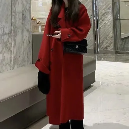 Thousand gold New Year's red coat woolen coat women's winter double-sided wool coat versatile long