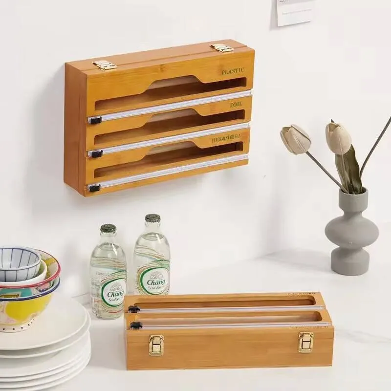 High  3 IN 1 Bamboo Wrap Dispenser with Cutter Food Wrap Cling Film Storage Organizer Bamboo Foil Organizer for Kitchen Drawer