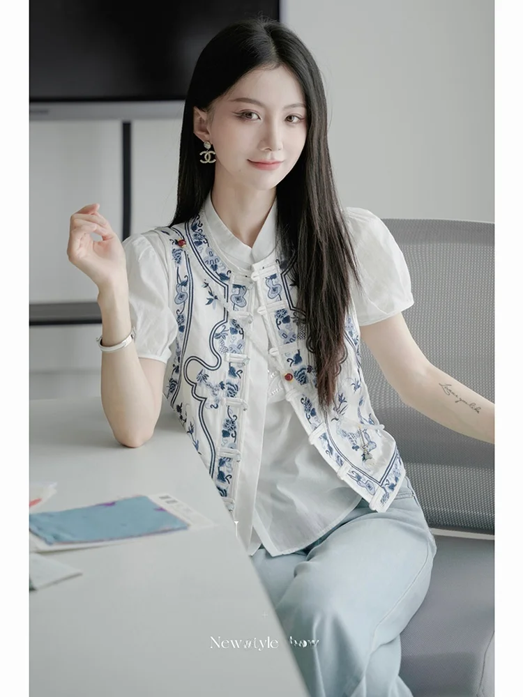 

New Chinese Sle Lotus Gourd Pattern Open Cardigan Vest Women's Ele Top Cotton Blend Embroidered Floral Print Loose Fit