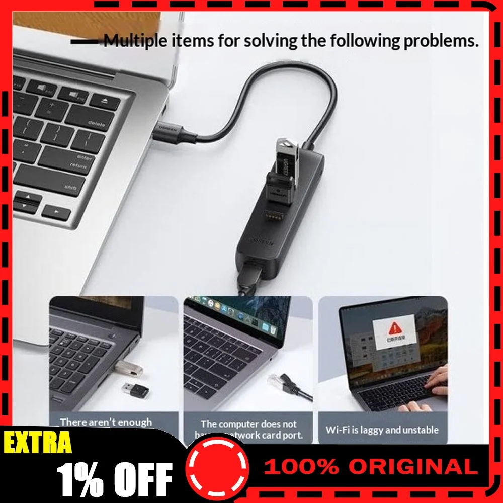 UGREEN 20984 CM416 USB 2.0 Hub with 3 USB Ports 100Mbps Ethernet RJ45 USB-C Auxiliary Power Input Black