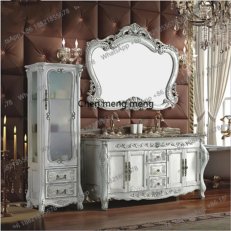 

Red oak double basin bathroom cabinet combination washstand European-style sink side cabinet vertical cabinet customization