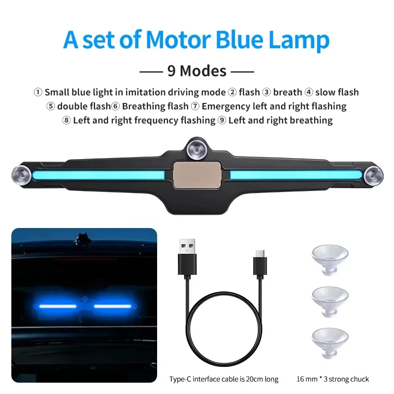 Solar Car Rear Window Warning Light Wireless LED Blue Atmosphere Lamp 9 Lighting Mode Anti-collision Safety Decor Lamp Universal