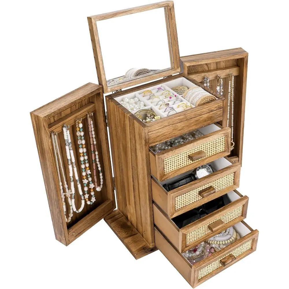 

5 Layer Wooden Jewelry Organizer Box with Mirror, Jewelry Boxes with 4 Drawers for Women Men, Jewelry Storage for Rings Earrings