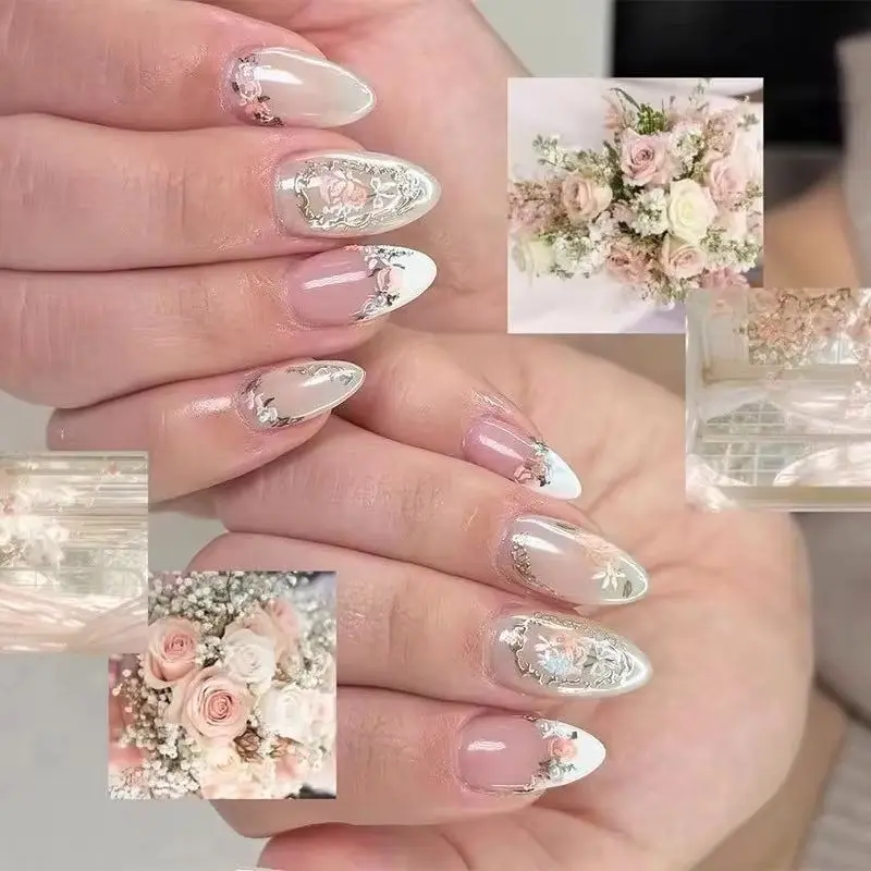 24PCS Romantische Rosa Blumen Drücken Sie auf Falsche Nägel Einfache Aurora Französisch Gefälschte Nägel Glänzende Silber Spitze Süße Ins Maniküre abnehmbare