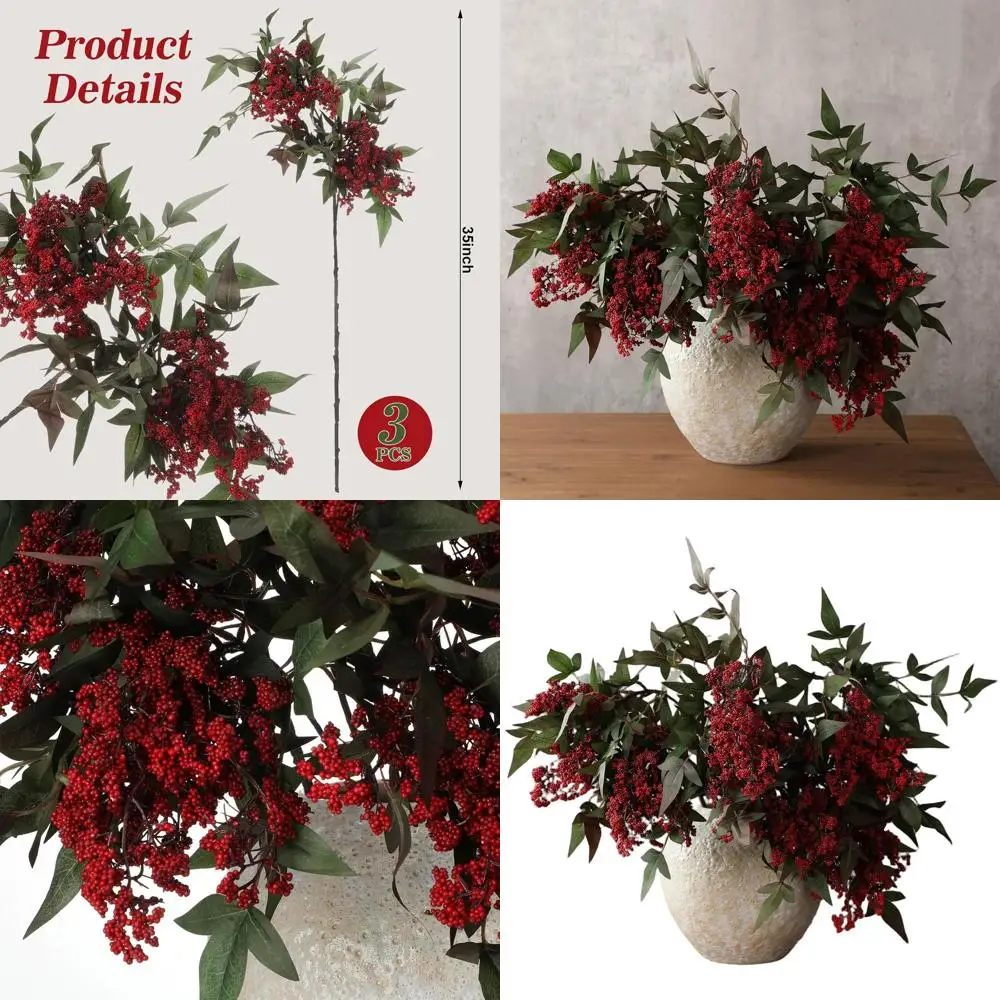 

35-Inch Burgundy Berry Stems, 3-Piece Faux Flower Picks, Realistic Sedum Sprays for Seasonal Home Decor, Weddings, and Holidays
